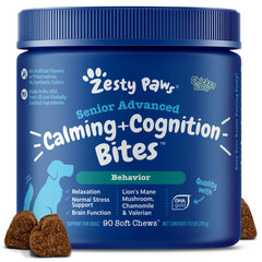 Zesty Paws Senior Advanced Calming Cognition bottle supports brain health and daily calm.