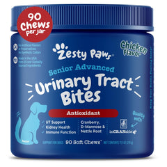 Zesty Paws Senior Cranberry Supplement bottle promotes urinary tract support for dogs