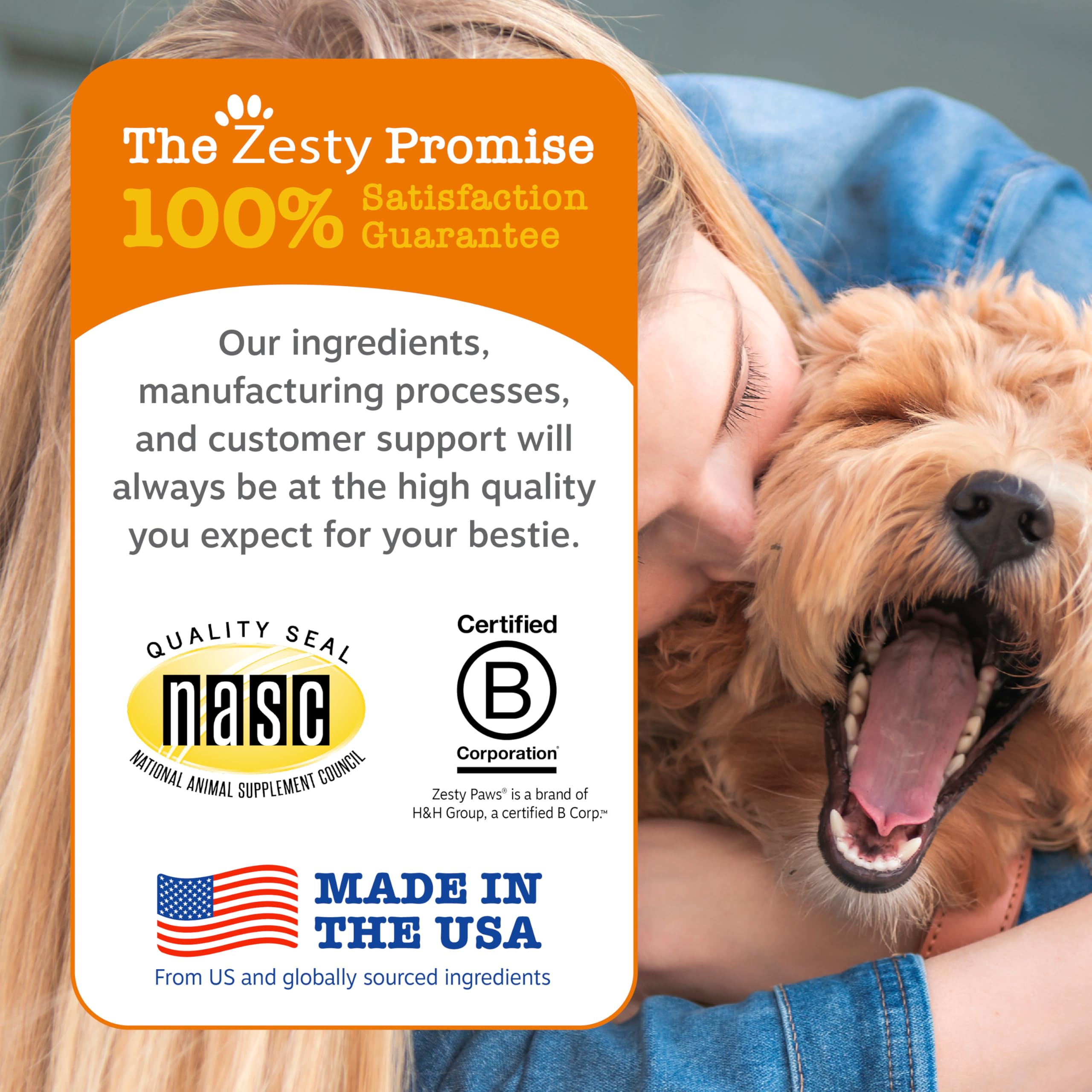 Zesty Paws skin and coat supplement highlighting healthy coat and sensitive skin relief.