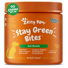 Zesty Paws Stay Green Bites-packaging shows soft chews designed for gut support