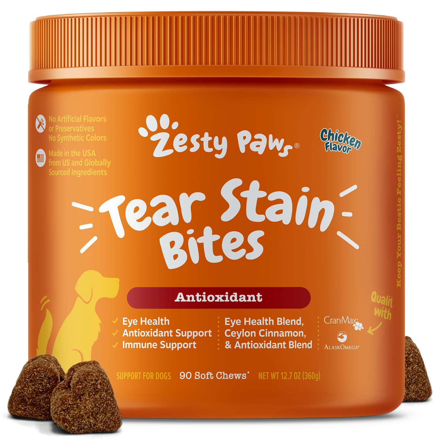 Zesty Paws Tear Stain Soft Chews eye moisture support for healthy vision and immune function.