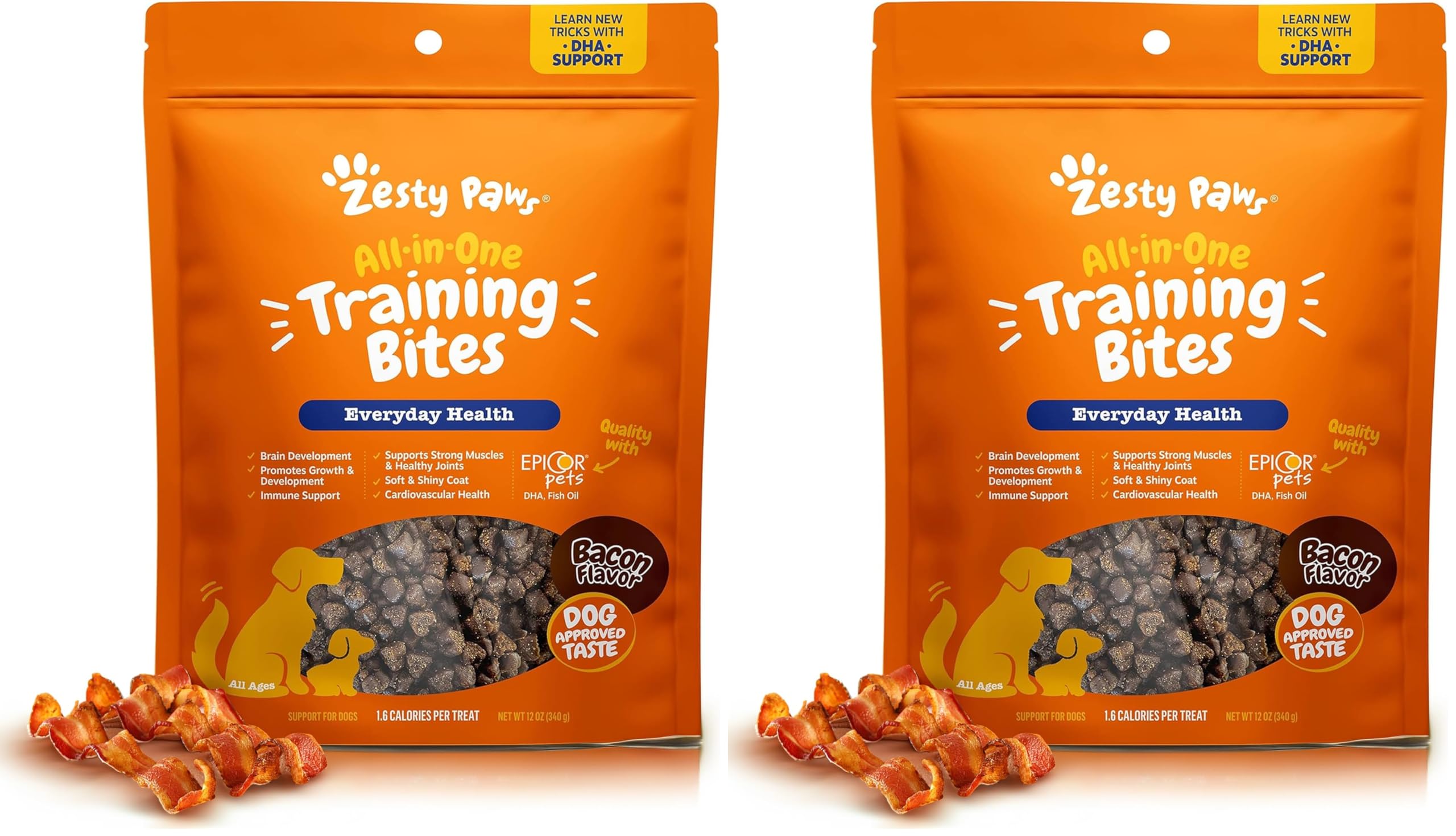 Zesty Paws Training Treats bag front view with bacon flavor for training rewards.