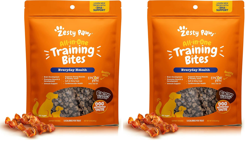 Zesty Paws Training Treats bag front view with bacon flavor for training rewards.