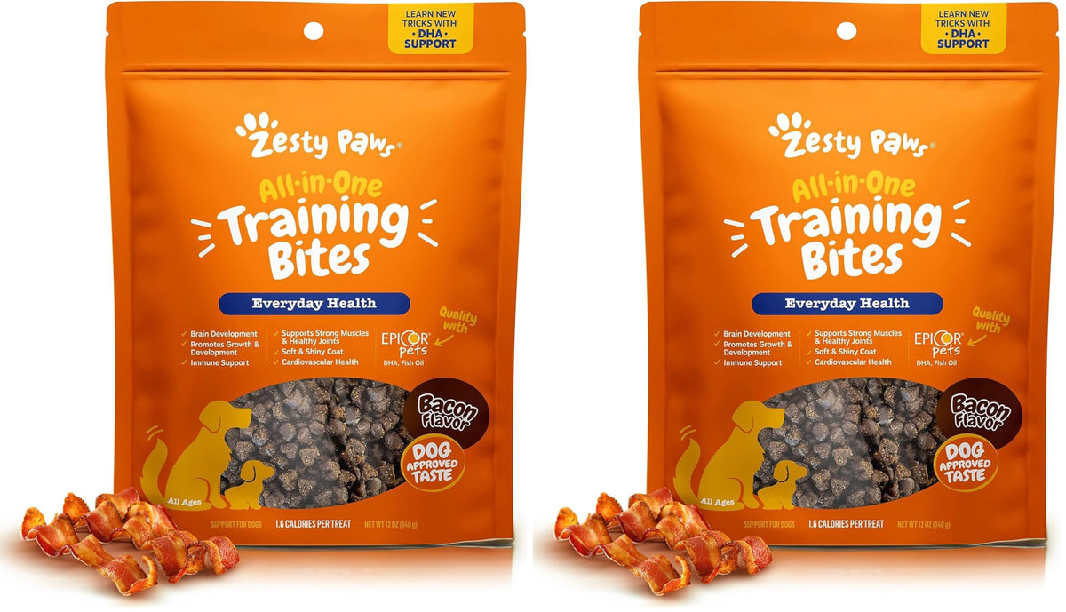 Zesty Paws Training Treats bag front view with bacon flavor for training rewards.