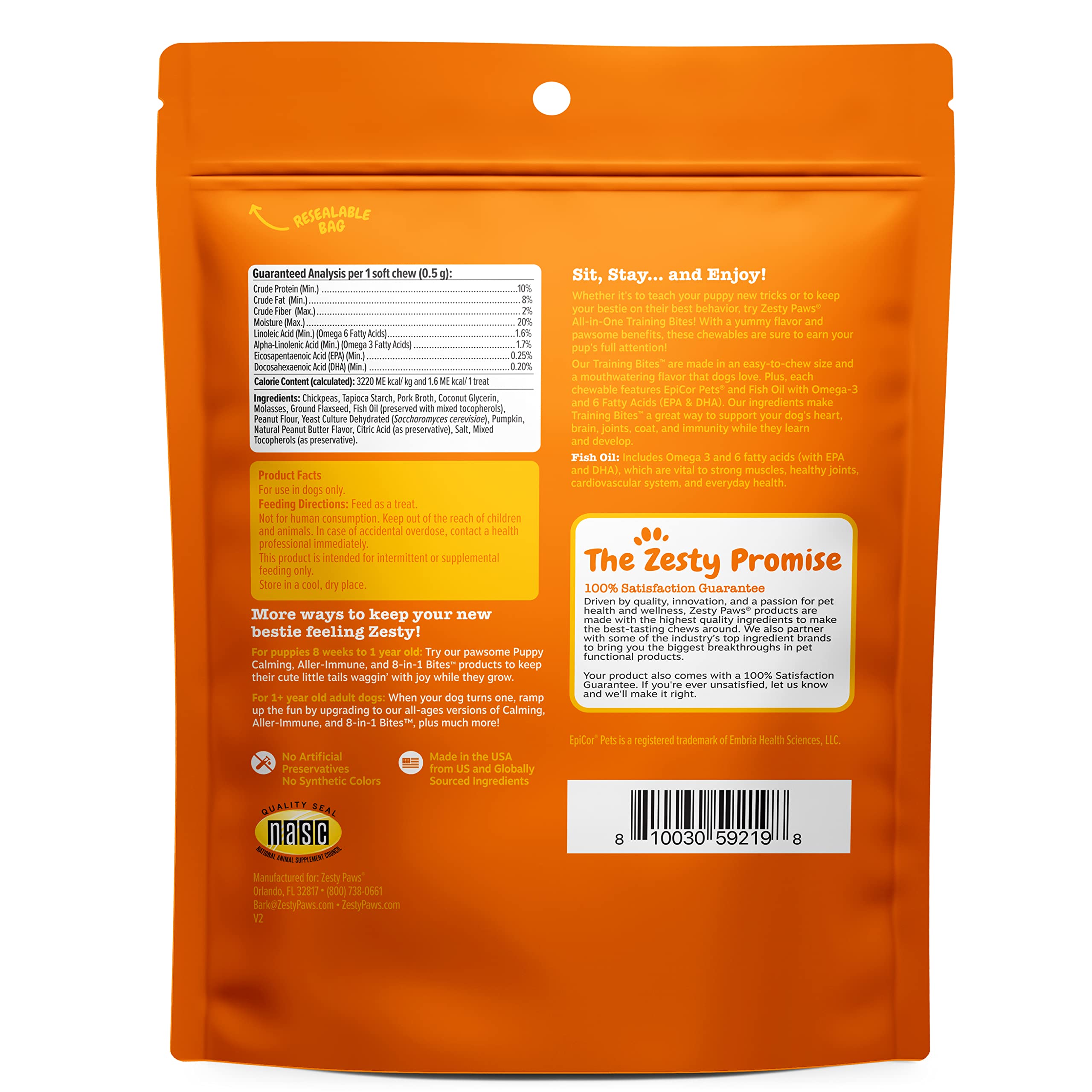 Zesty Paws Training Treats fish oil omega inclusion supports joints and mobility.