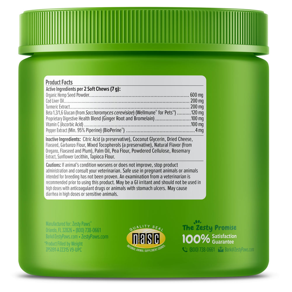 Zesty Paws Turmeric Bioavailability label emphasizes boosted absorption for digestive support.