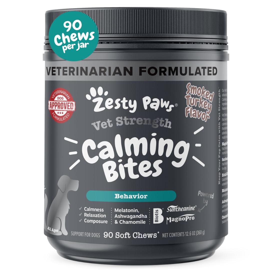 Zesty Paws Vet Strength Calming Chews bottle shows convenient daily calming support for dogs