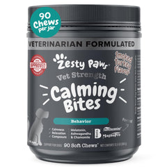 Zesty Paws Vet Strength Calming Chews bottle shows convenient daily calming support for dogs