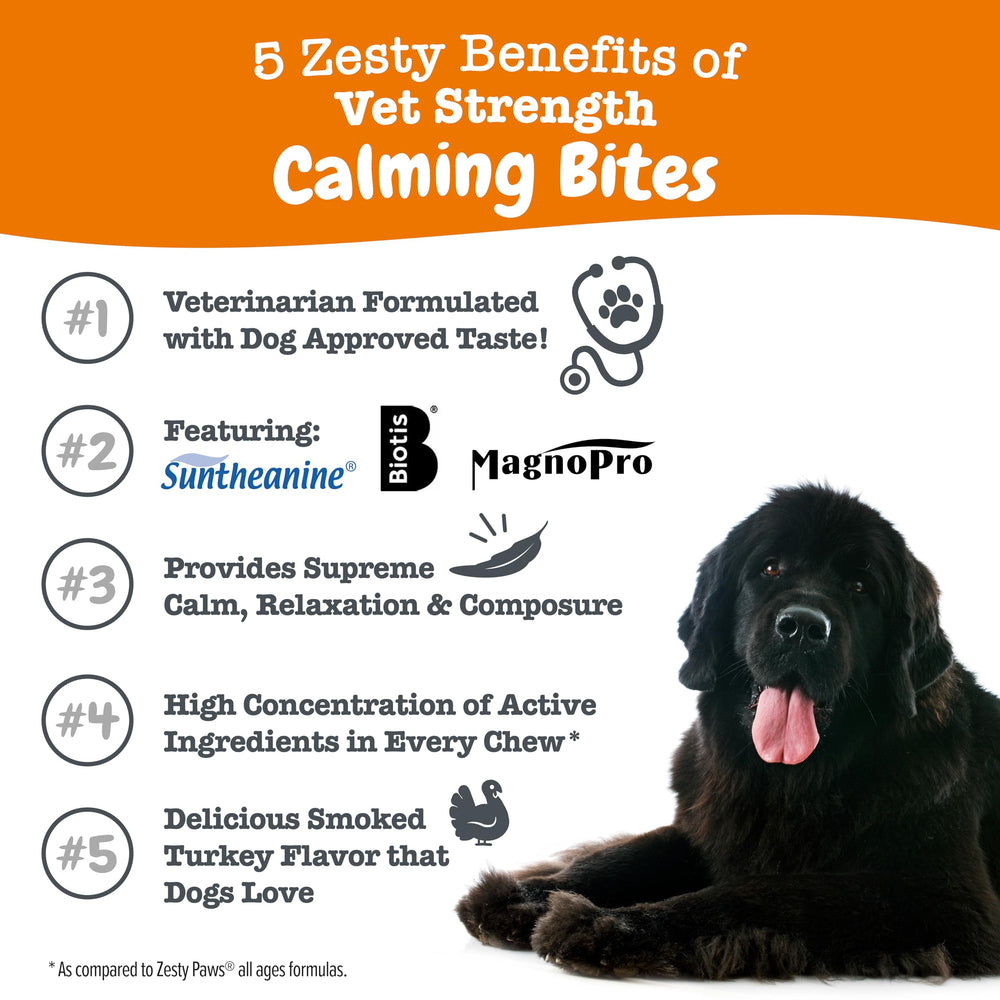 Zesty Paws Vet Strength Calming Chews label closeup highlights premium ingredients for mood balance