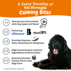 Zesty Paws Vet Strength Calming Chews label closeup highlights premium ingredients for mood balance