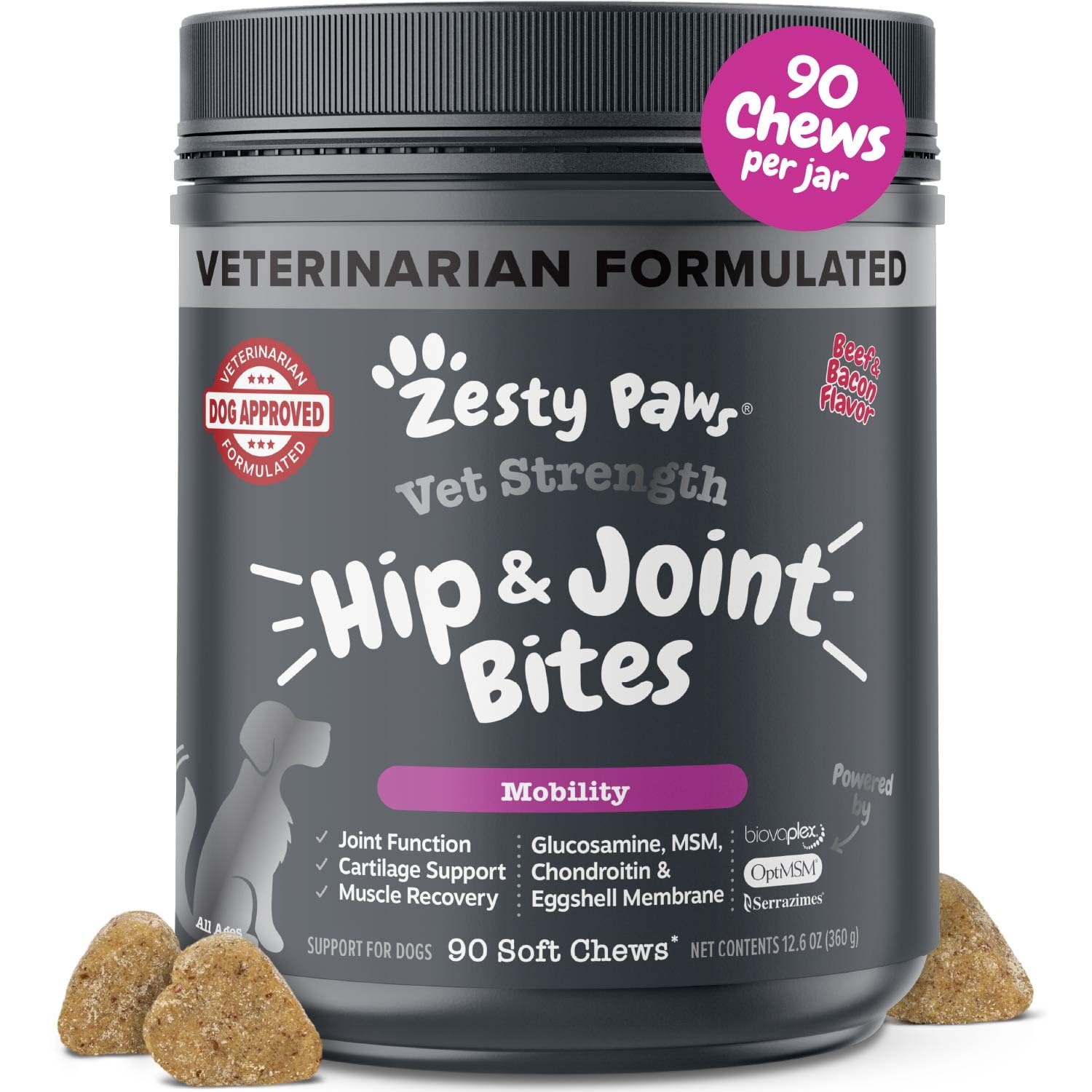 Zesty Paws Vet Strength Mobility Bites beef-bacon chews for joint comfort.