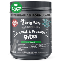 Zesty Paws Vet Strength Probiotics dog chews bottle showing digestive support.