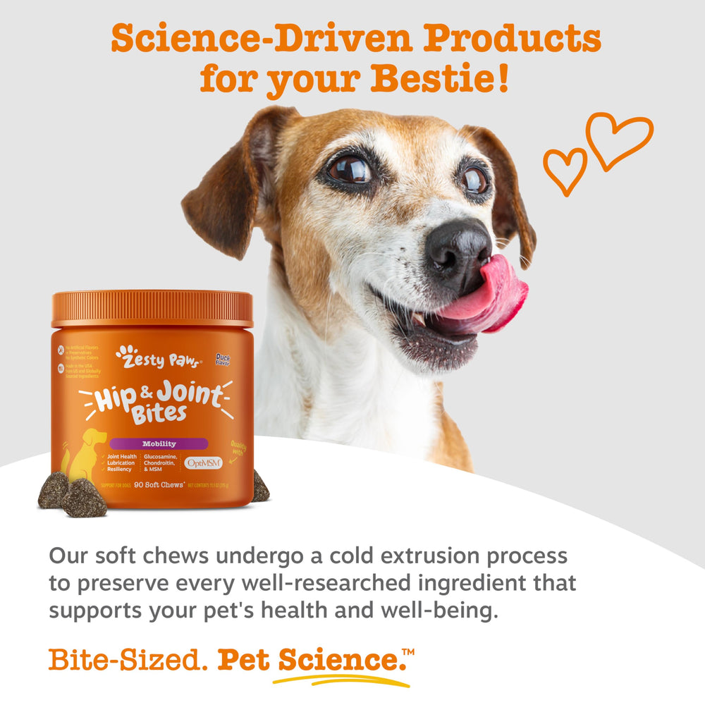 Zesty Paws vitamins C and E support connective tissue function.