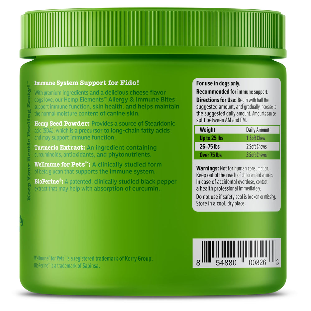 Zesty Paws Wellmune for Pets chews on package suggest immune-system support for dogs.