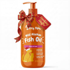 Zesty Paws Wild Alaskan Fish Oil bottle with pour spout highlights EPA and DHA for skin and coat health.