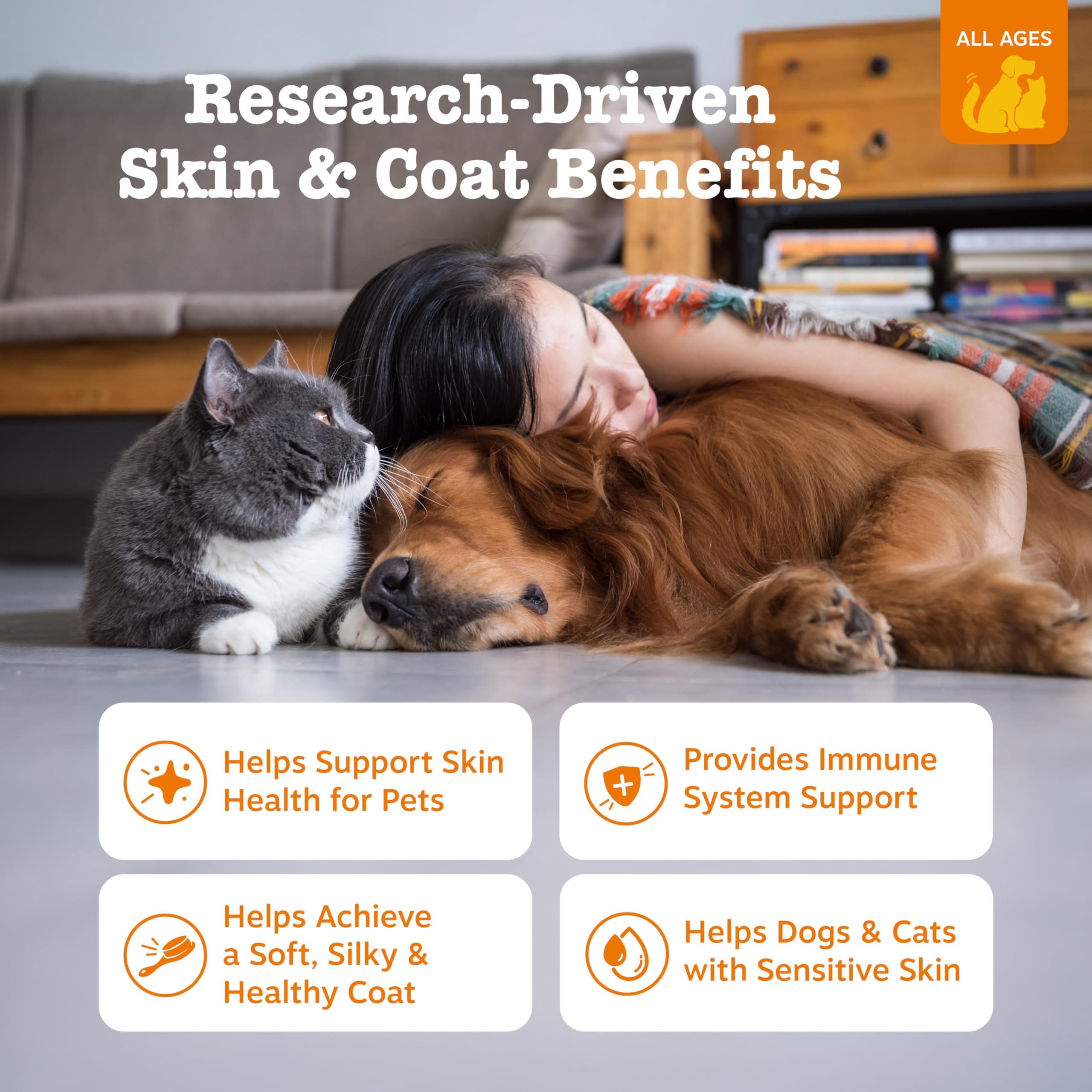 Zesty Paws Wild Alaskan Fish Oil pour spout highlights simple dispensing and omega-3 benefits.