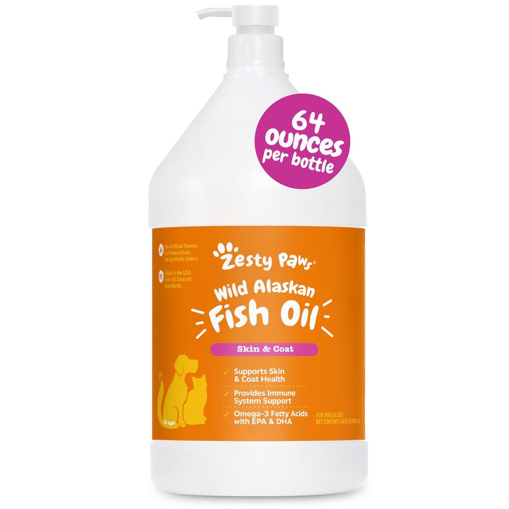 Zesty Paws Wild Alaskan Fish Oil bottle with dosing cap for easy administration and skin support.