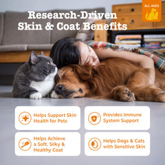 Zesty Paws fish oil pour demonstrates easy daily dosing for pets and owners.