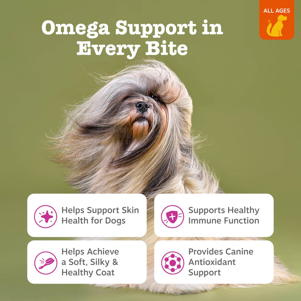 Zesty Paws Salmon Oil chews close-up highlighting coat support