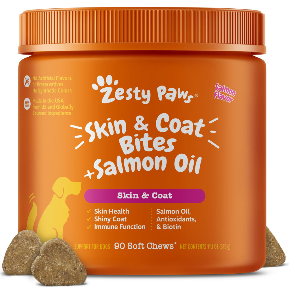 Zesty Paws Salmon Oil dog bottle showing omega-rich formula for healthier skin