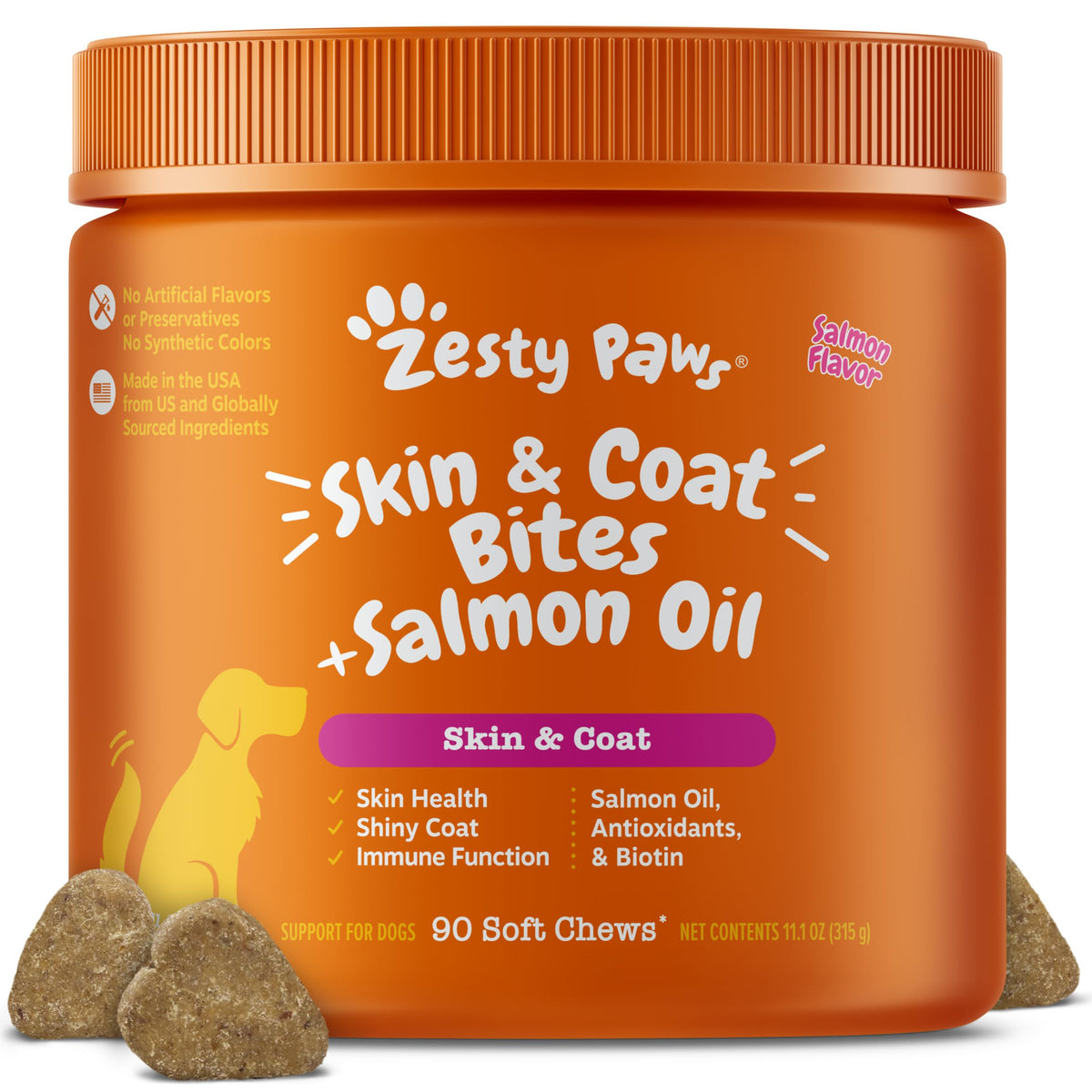 Zesty Paws Salmon Oil dog bottle showing omega-rich formula for healthier skin