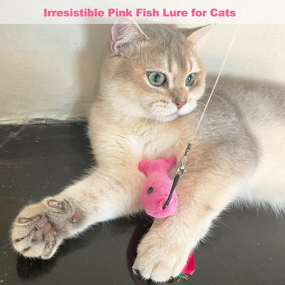 ZeyZoo pink fish catnip toy detail with ribbons for stimulating indoor exercise.