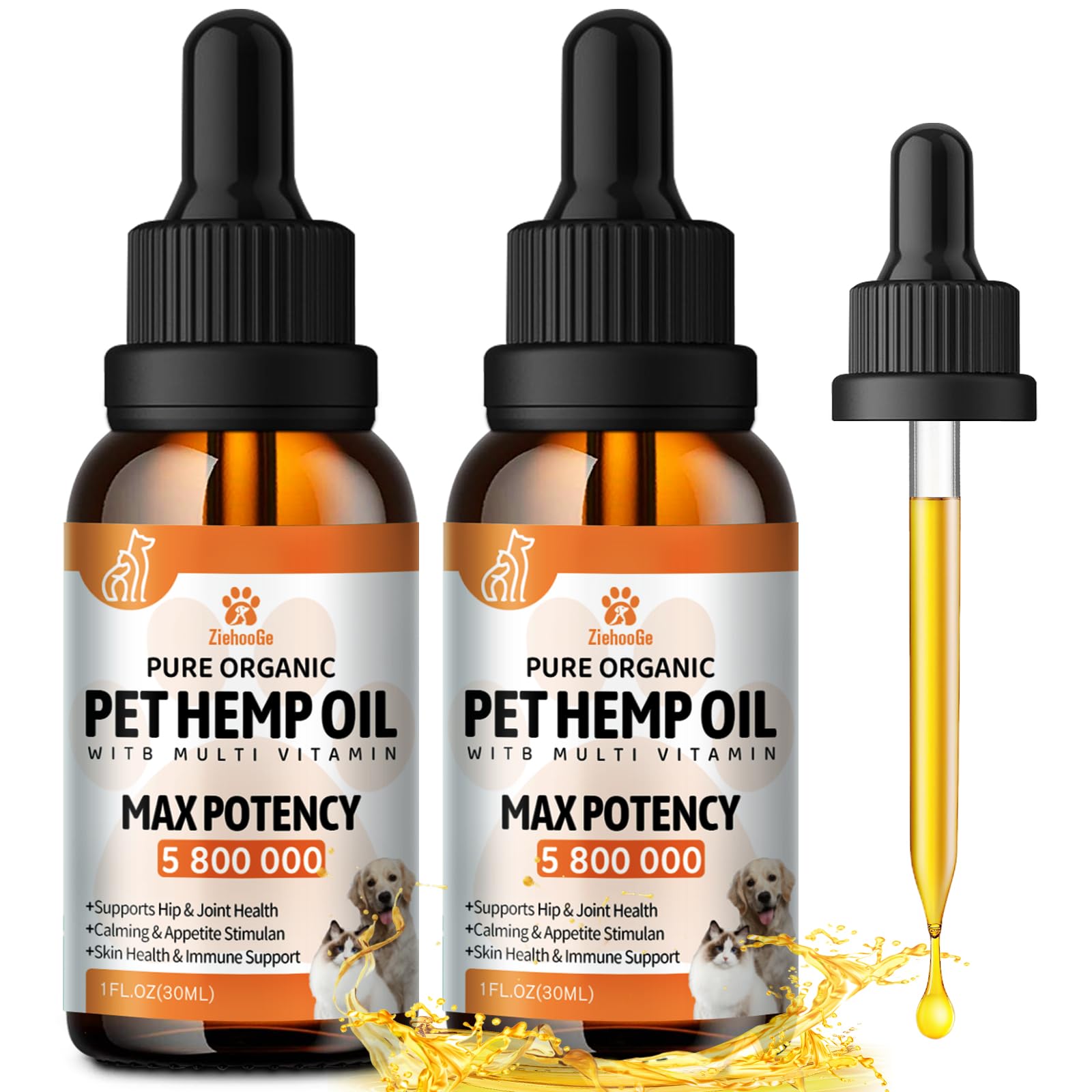 ziehoo-ge hemp oil for dogs and cats bottle promotes gentle calm for pets during daily routines.