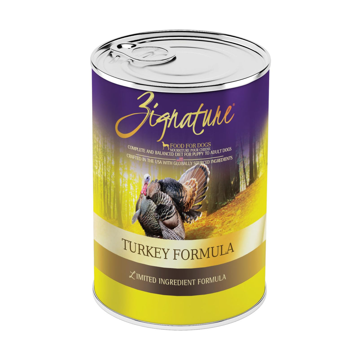 Zignature Turkey Formula 13oz can in a bowl, supporting hydration with moist meal.