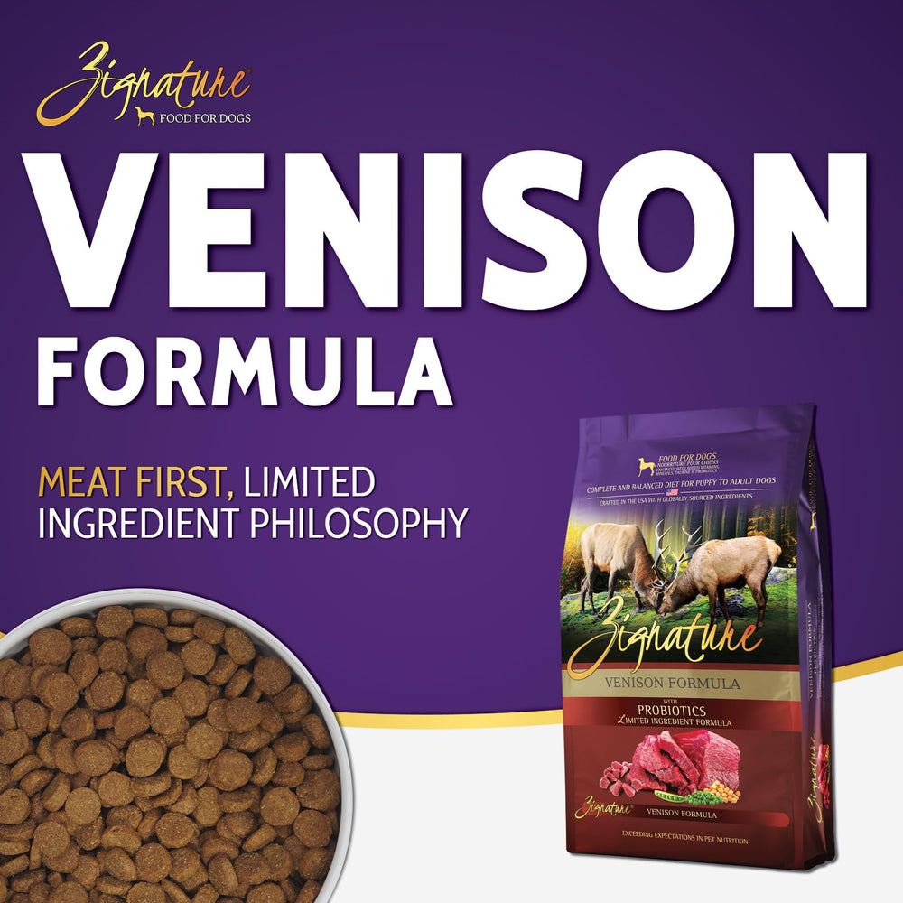 Zignature venison kibble closeup showing lean protein and texture