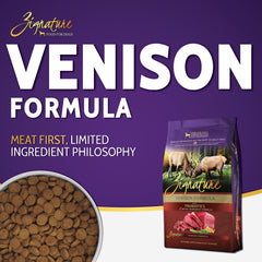 Zignature venison kibble closeup showing lean protein and texture