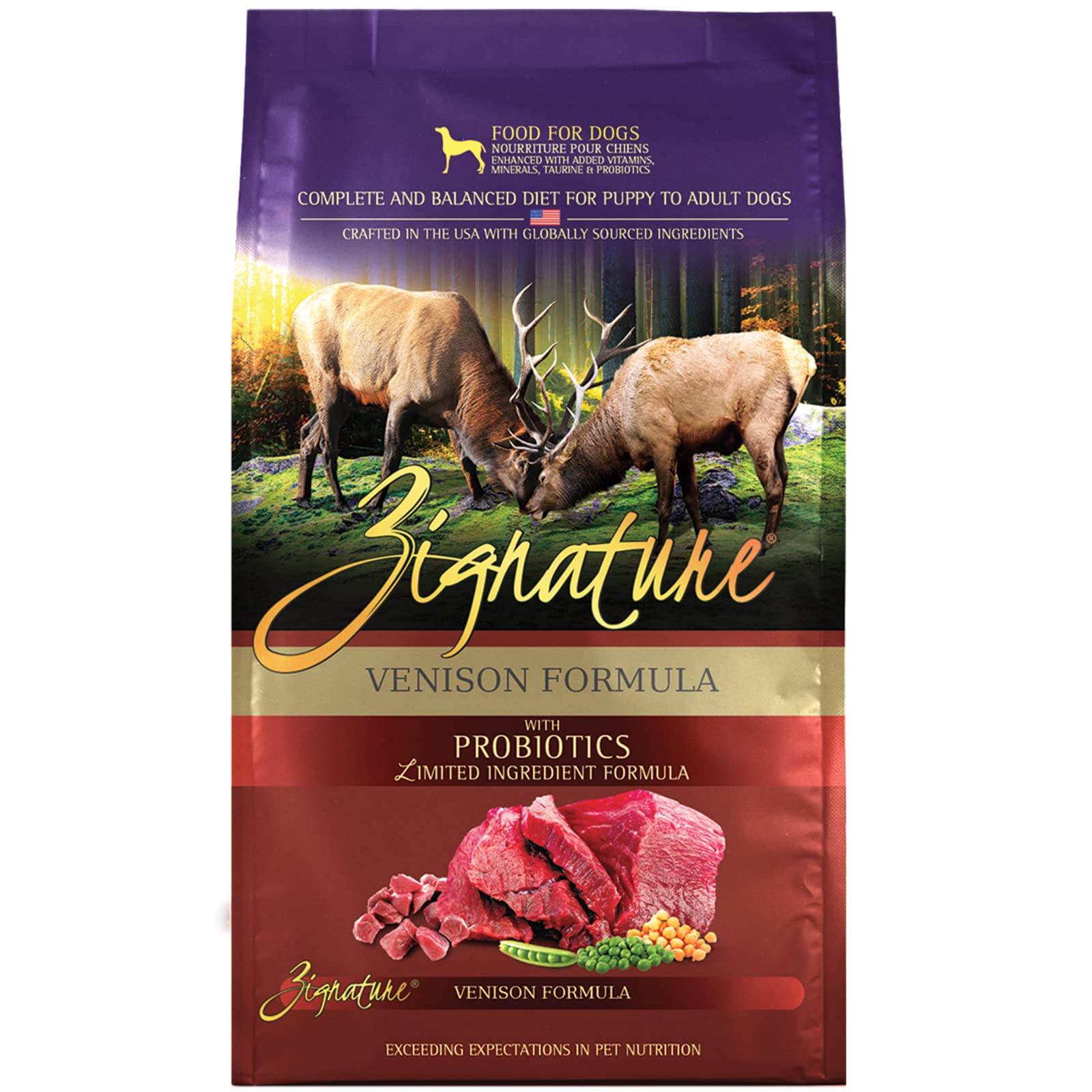 Zignature Venison limited-ingredient dry dog food bag highlighting quality ingredients for sensitive stomachs