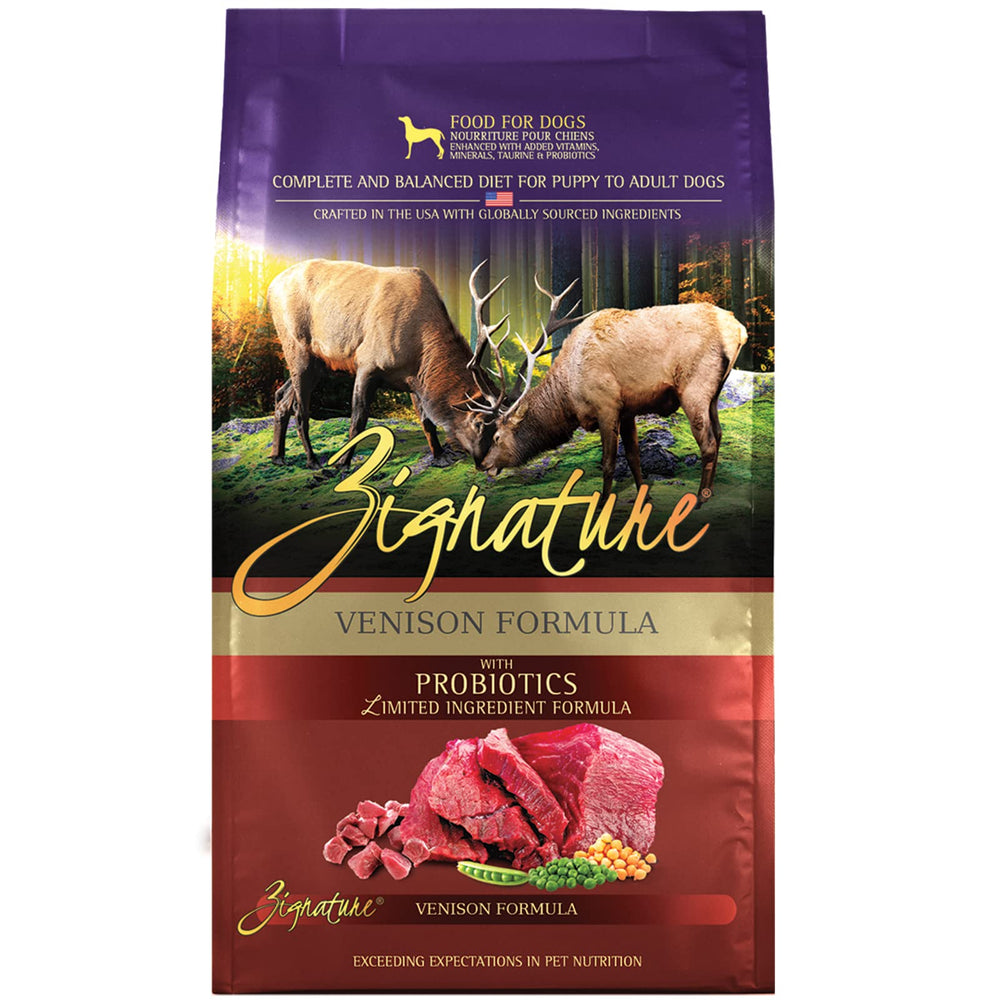 Zignature Venison limited-ingredient dry dog food bag highlighting quality ingredients for sensitive stomachs