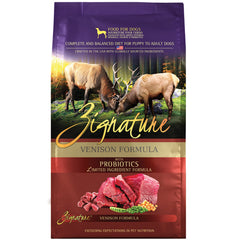 Zignature Venison limited-ingredient dry dog food bag highlighting quality ingredients for sensitive stomachs
