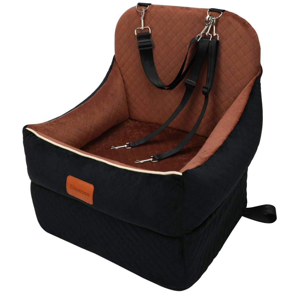 Zilemoon Car Dog Booster Seat Lookout-Black exterior brown-inside elevates small dogs for safer driving.