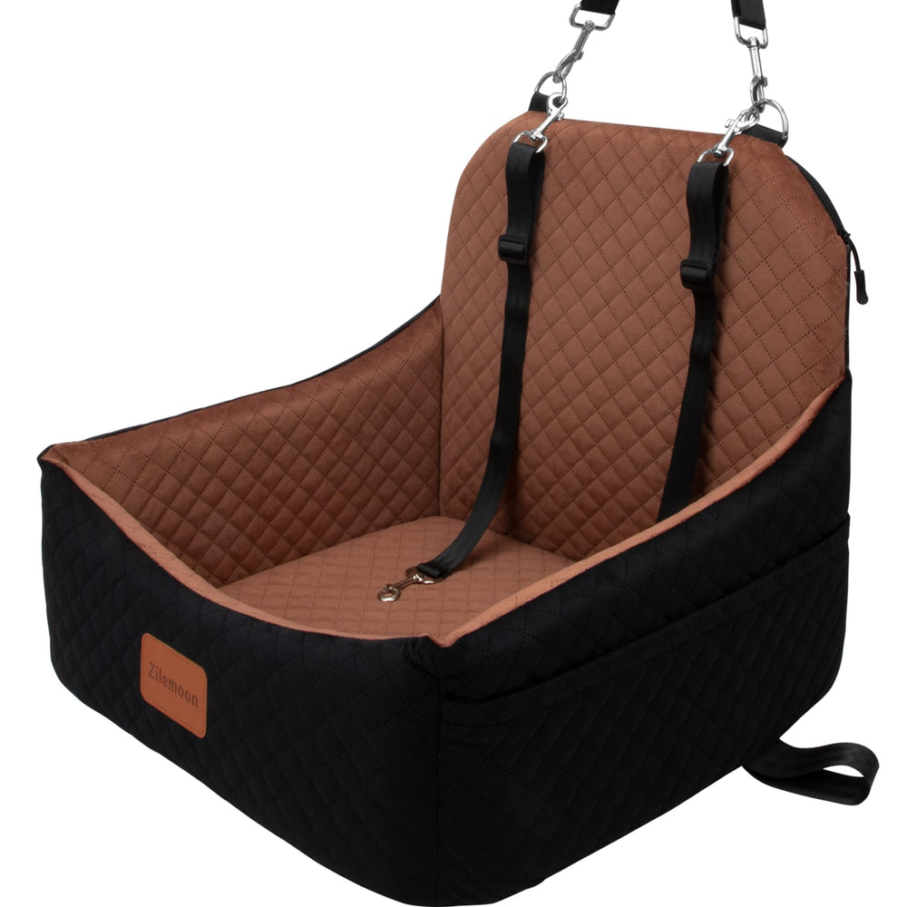 Zilemoon car dog seat main view highlights plush velvet fabric and secure dual safety leashes.