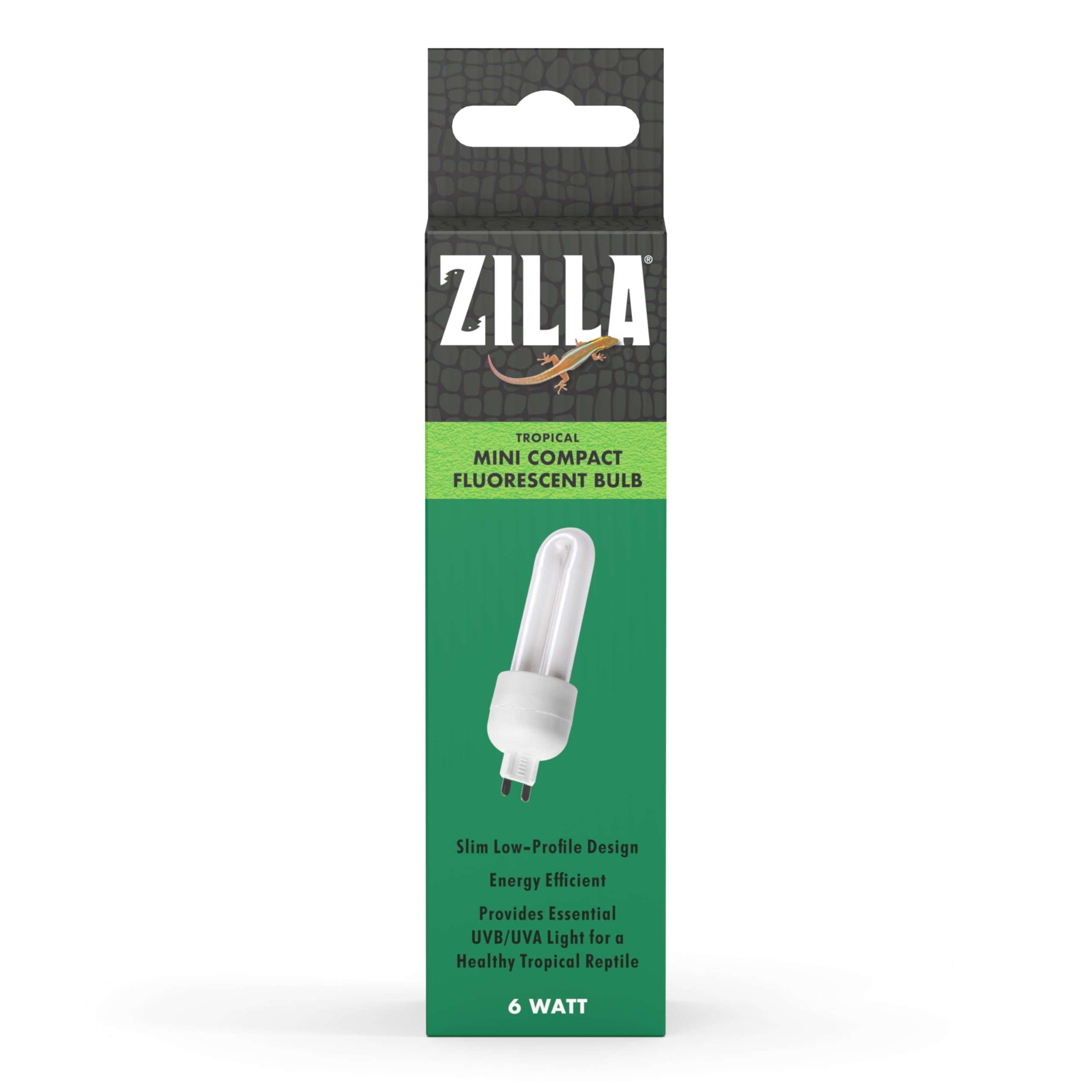 Zilla Mini-compact bulbs closeup shows UVB label and energy efficiency benefits.