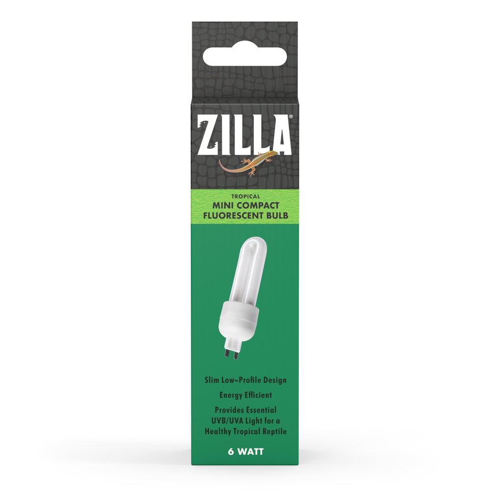 Zilla Mini-compact bulbs closeup shows UVB label and energy efficiency benefits.