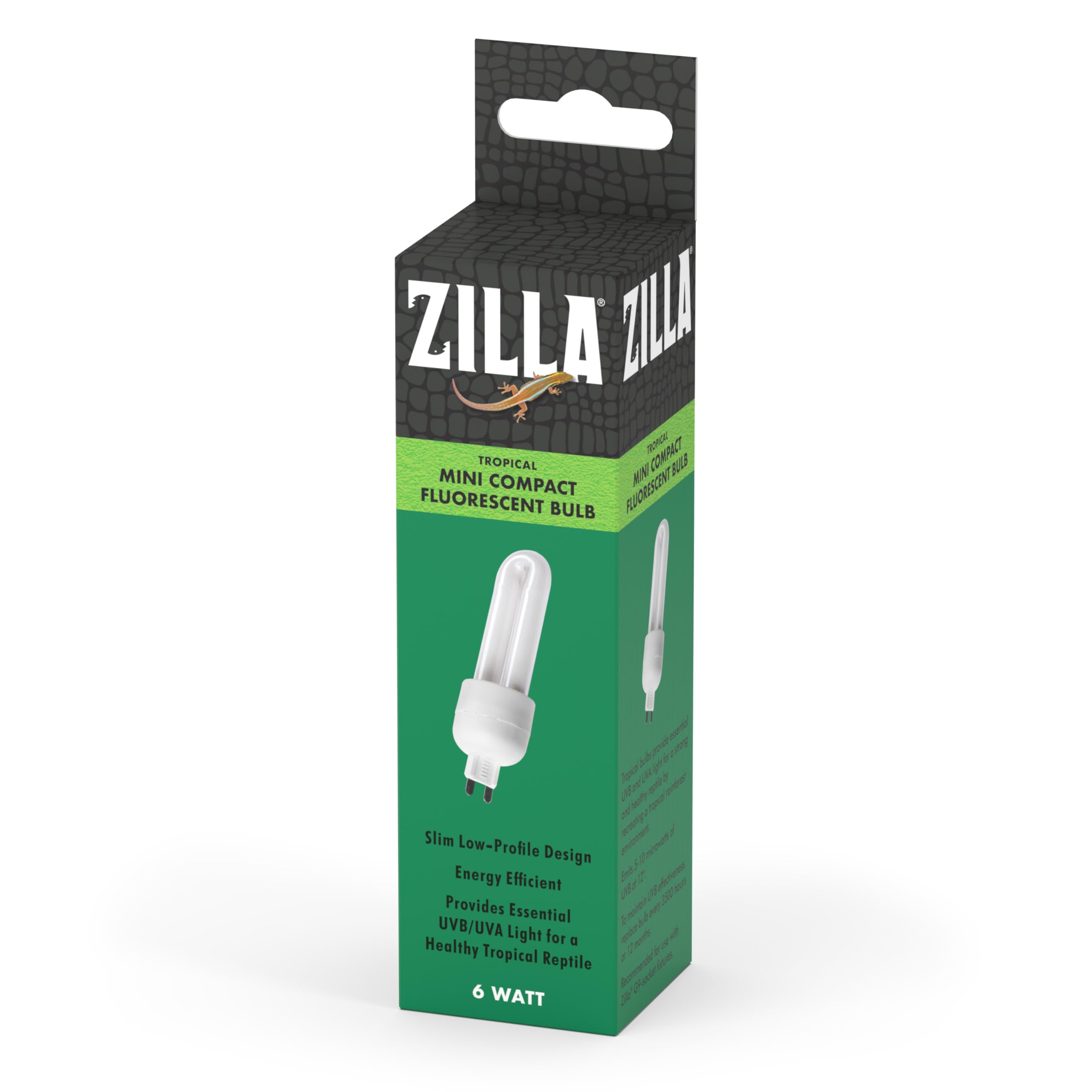 Zilla Mini-compact fluorescent bulbs tropical in fixture deliver efficient UVB lighting for reptiles.
