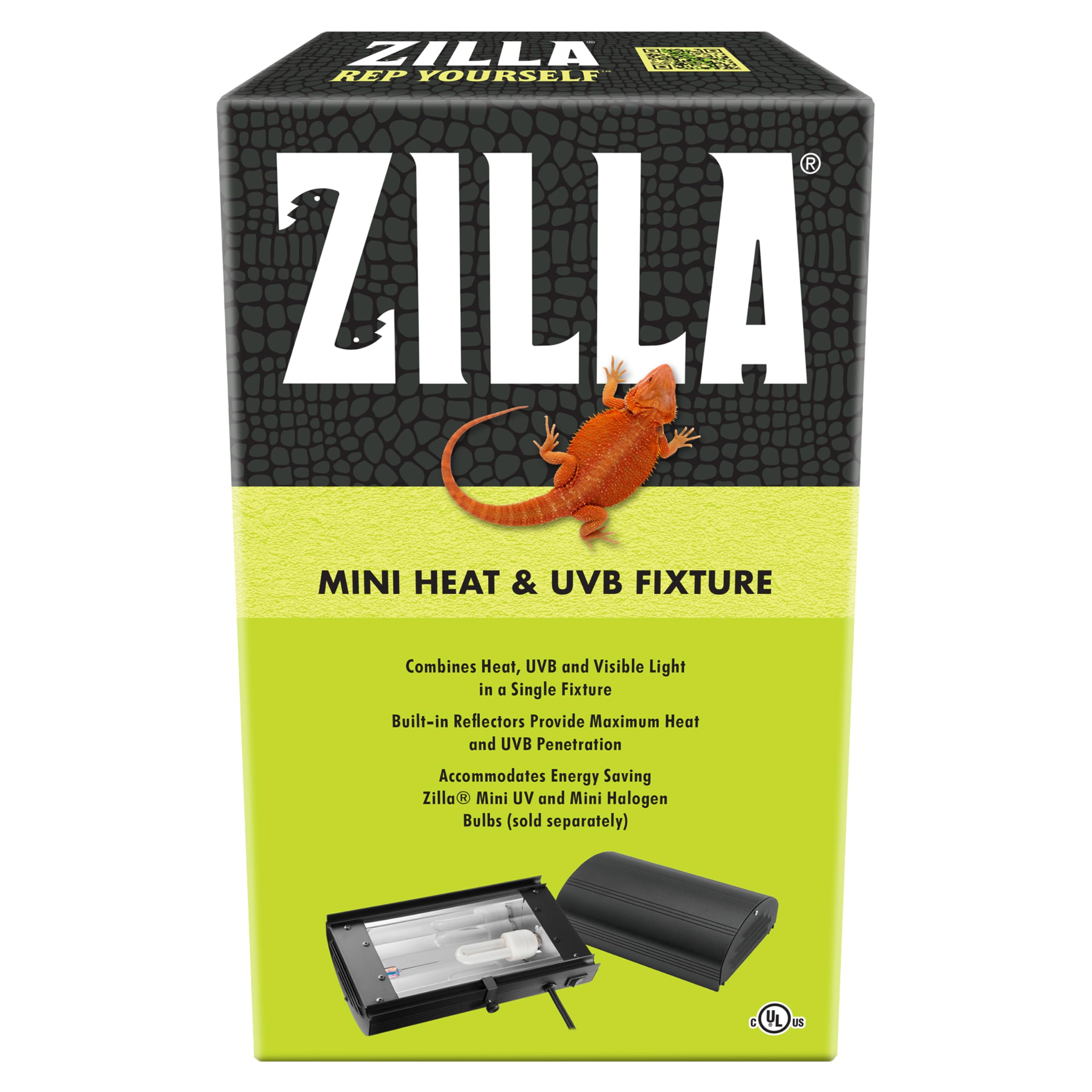 Zilla mini heat UVB fixture side view beside terrarium with warm basking area