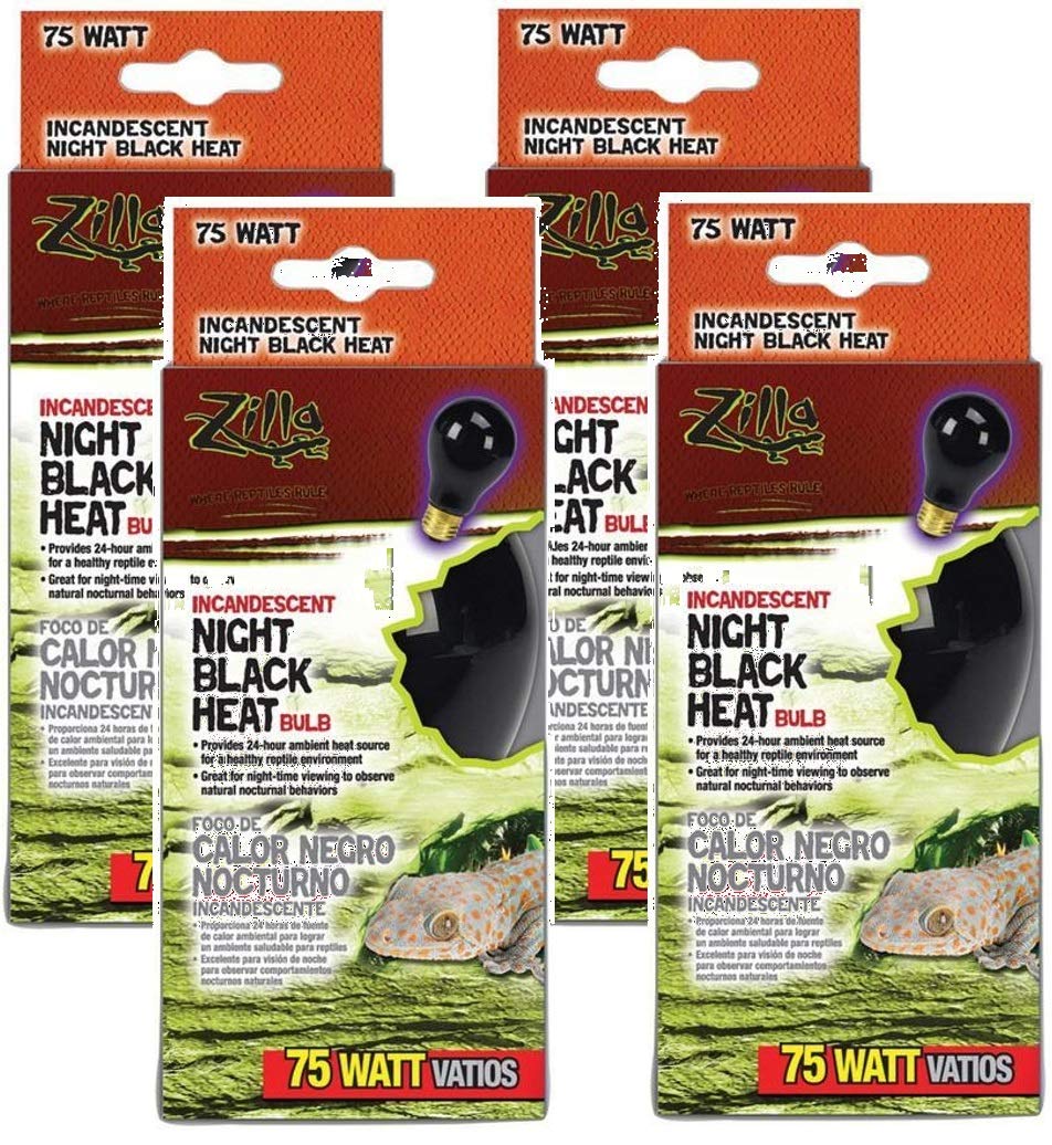 Zilla night black incandescent 75W bulbs provide ambient heat with moon-like glow for reptile enclosures.