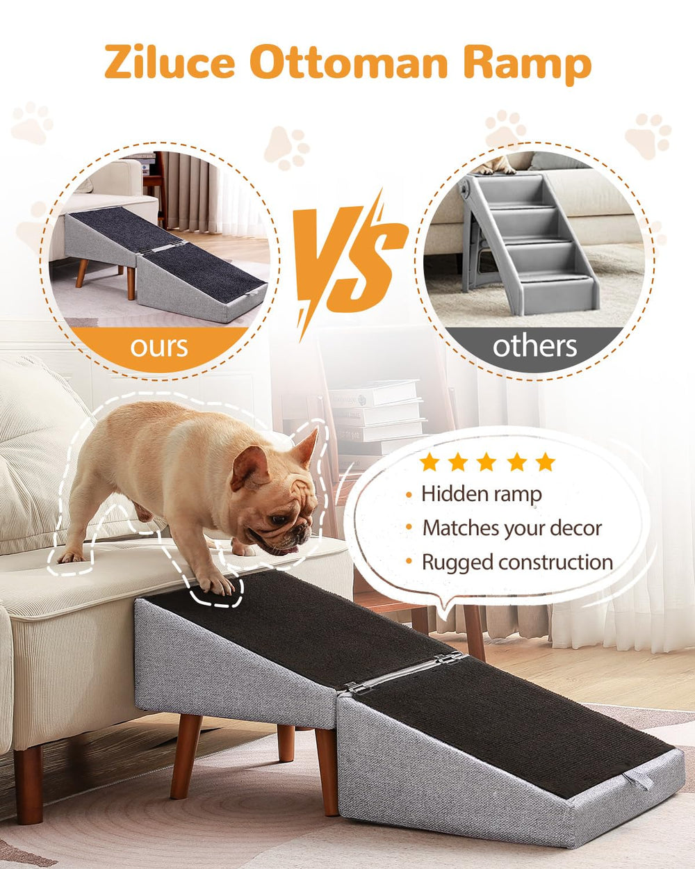 Ziluce dog ramp living room decor complements furniture while aiding access.