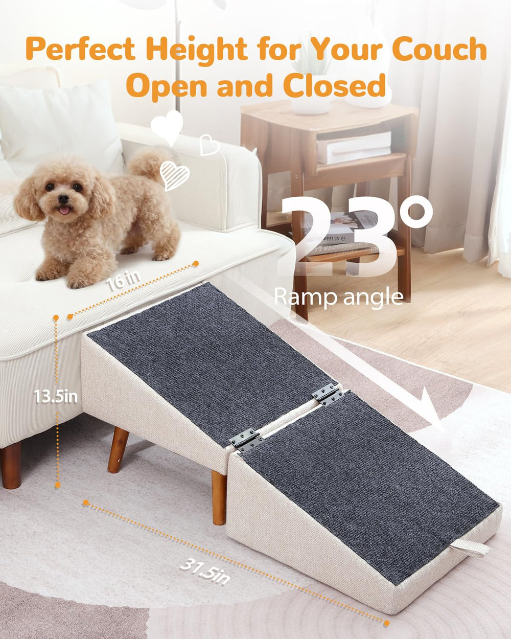 Ziluce dog ramp beside a low-profile bed enables safe bed climbs for pets.