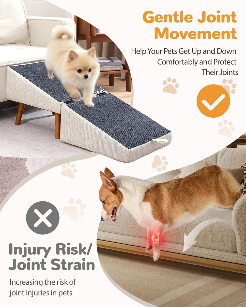 Ziluce dog ramp with split-ottoman design blends with decor.