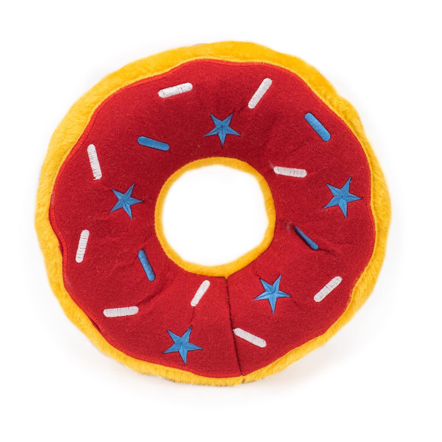 ZippyPaws Americana Jumbo Donutz closeup with squeaker for interactive play.