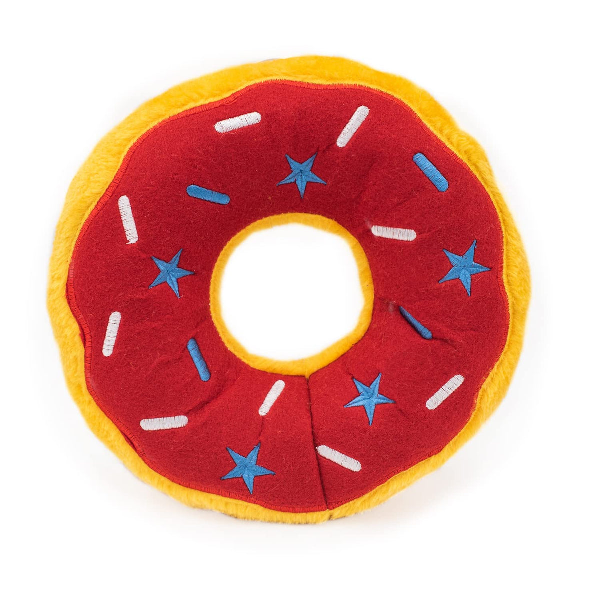 ZippyPaws Americana Jumbo Donutz closeup with squeaker for interactive play.