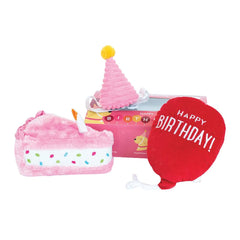 ZippyPaws Birthday Box pink cake toy for dogs, ideal for celebratory play and photo moments.