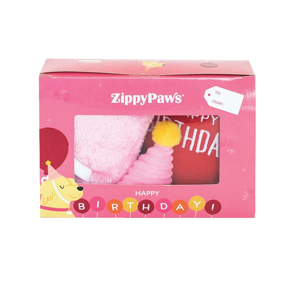 ZippyPaws Birthday Box squeaky balloon toy, enhances interactive play with sound.