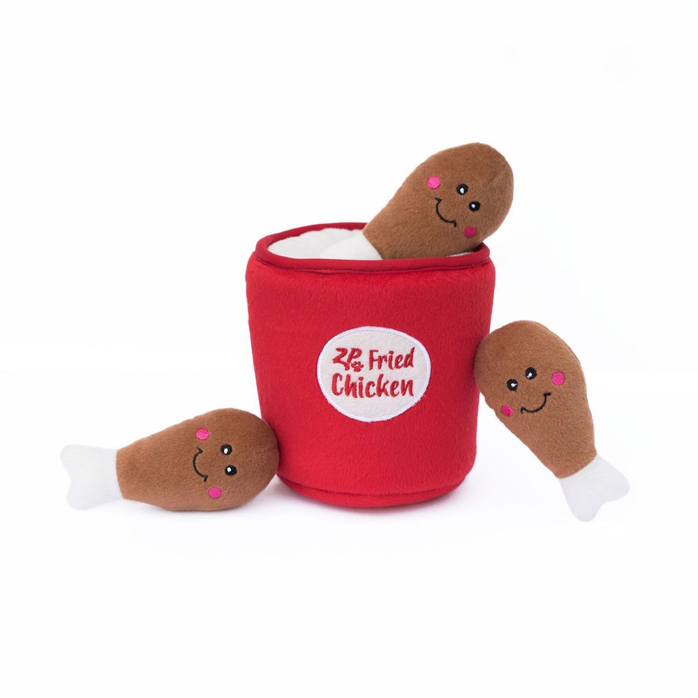 ZippyPaws Burrow chicken bucket duo in action promoting mental enrichment