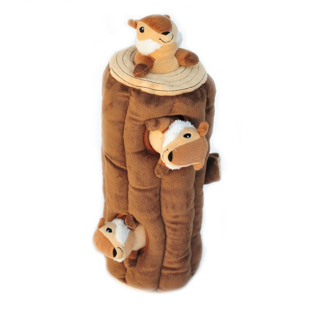 ZippyPaws Burrow Chipmunk Log features squeaky Miniz that add lively sound cues.