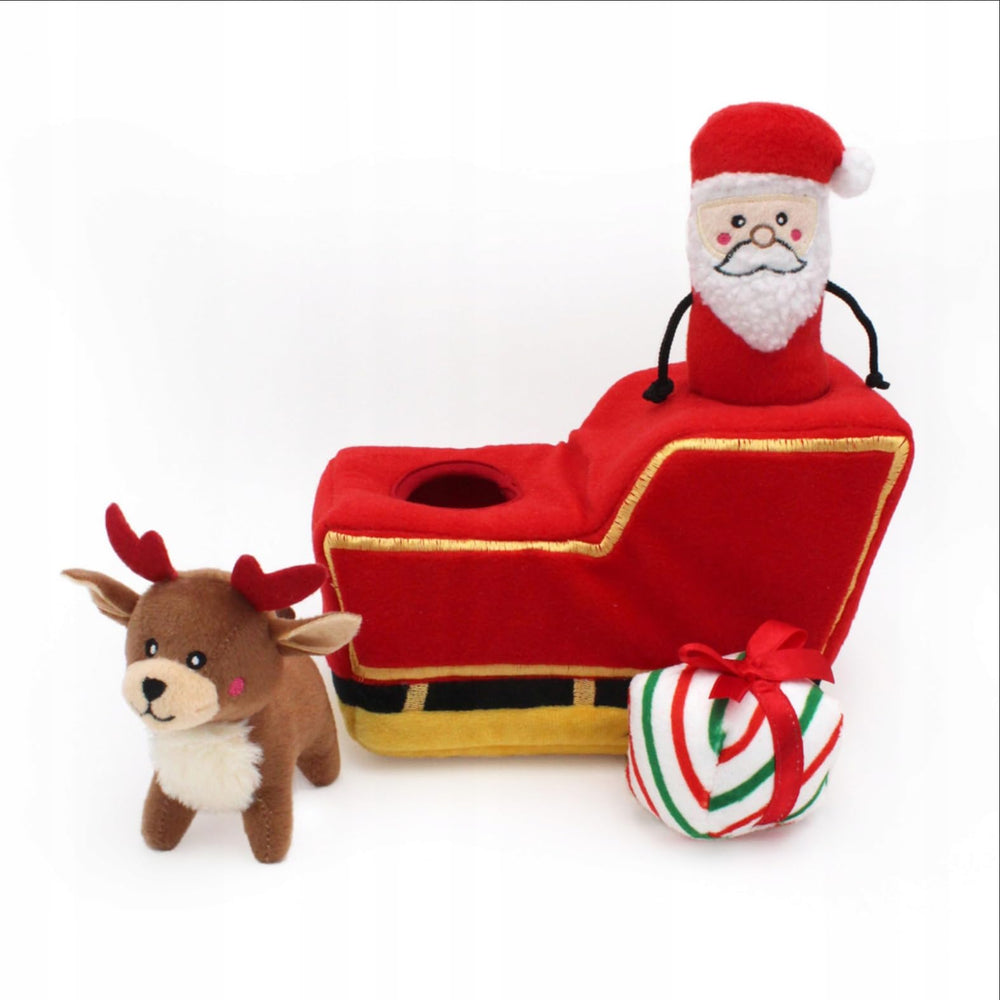 ZippyPaws Burrow Christmas Toy gift pile image supports scent-and-search game for pups